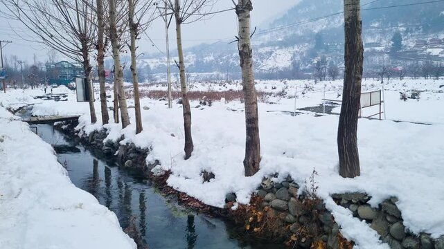 locked shot showing small stream of lidder river flowing on the side of the frozen grounds of the river with the Himalaya mountains in the distance