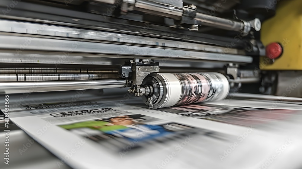 Aufkleber close up perspective showcasing the intricate workings of an advanced printing press as it efficient