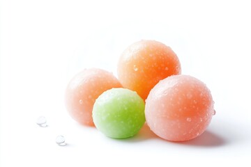 Colorful, glossy spheres, likely fruit-flavored candies or gummies, in various sizes and pastel shades,  arranged in a cluster.  A few water droplets are visible on the surface of each sphere