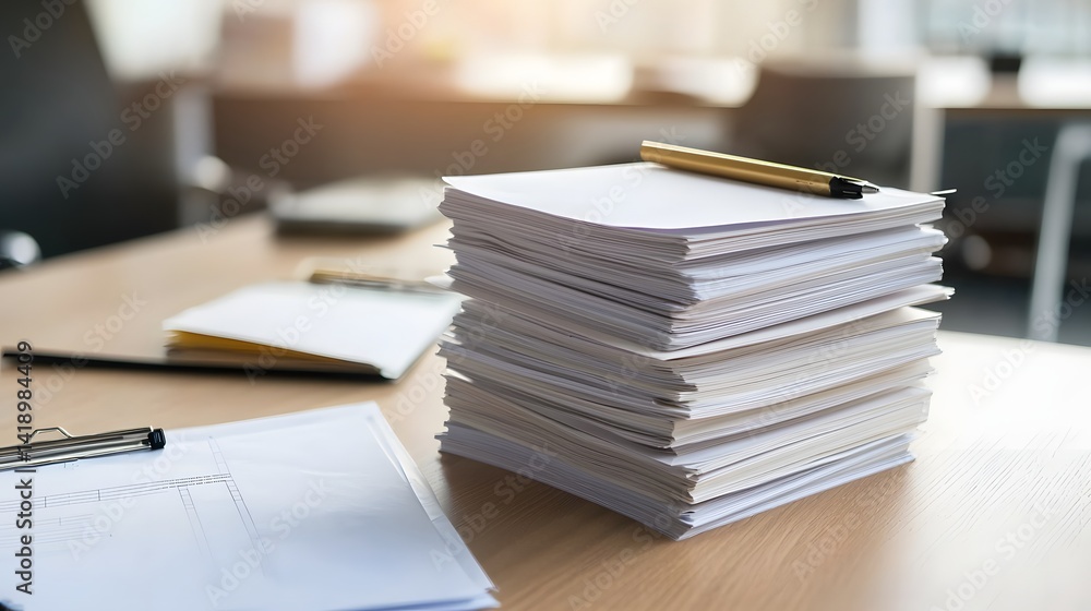 Poster a stack of fresh white paper neatly arranged on a wooden desk with soft shadows creating depth and a