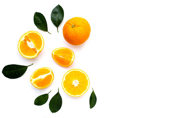 Fresh orange fruit with green leaves, high vitamin c