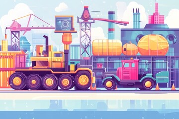 Industrial landscape with heavy machinery, trucks, cranes, and factory buildings.