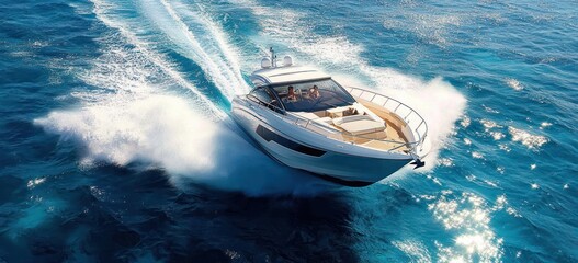 Luxury motorboat cruising on blue tropical ocean with sunlight and waves