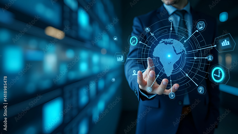 Poster modern high definition scene of agentic ai applications driving innovative digital solutions across 