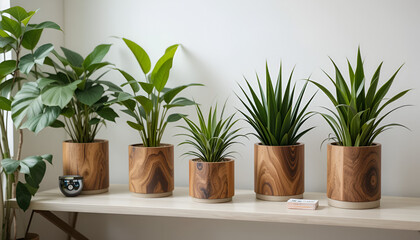 Obraz premium For contemporary décor, healthy plants are displayed in sustainable hardwood cylinder pots.