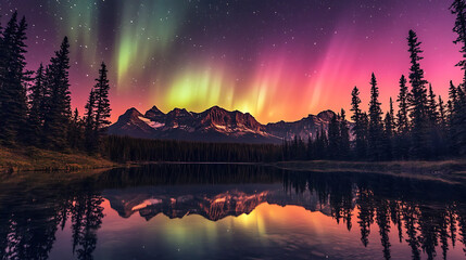 Stunning Aurora Borealis over Snowy Mountain Landscape