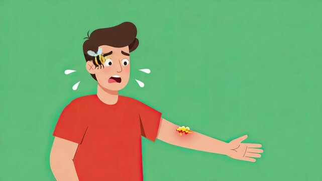 Flat cartoon-style character reacting to insect bite and scratching itchy skin on arm