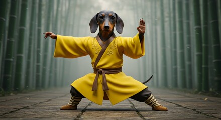Dachshund embodying martial mastery in an ethereal bamboo forest setting