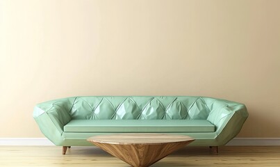 Mint green sofa & wooden coffee table against beige wall