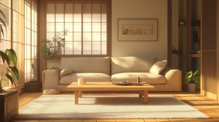 Bright sunlight illuminates a cozy living space in Japanese style