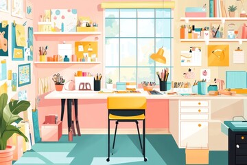 Colorful and organized craft room with desk, chair, shelves, and art supplies near window.