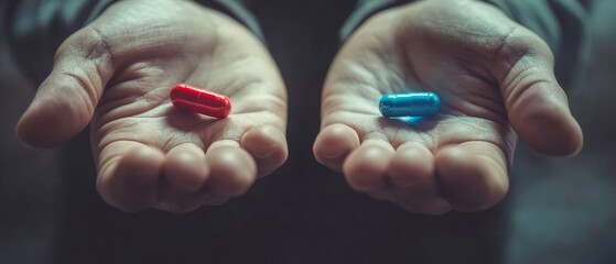 Hands holding a red pill and a blue pill in dramatic lighting, dark background, symbolic and thoughtprovoking choice
