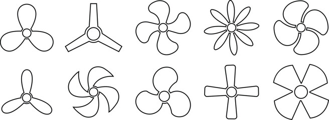 Fan propeller outline icons set. Turbine airflow rotating symbol, Industrial ventilator heating cooling sign, Ship marine engine screw, Nautical aviation silhouette isolated on transparent background.