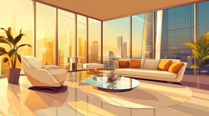 Luxury apartment living room with panoramic city sunrise view.