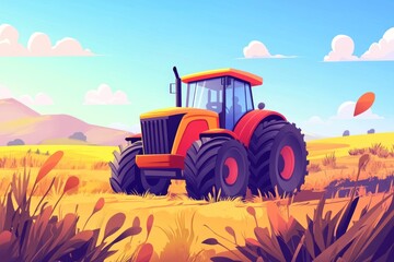 Obraz premium Red and yellow tractor in a golden field.