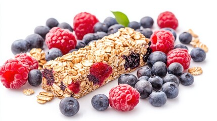 Granola bar with raspberries and blueberries on white background