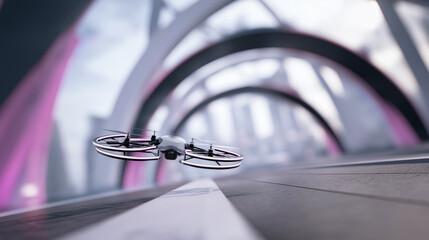 Futuristic drone in motion underneath arched urban structure with blurred background