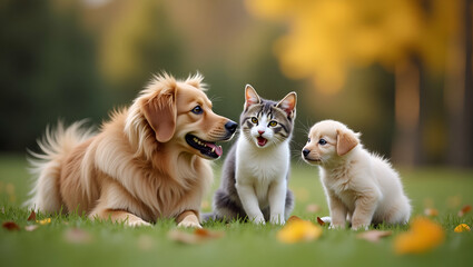 Sophisticated Family Pet Time: Capturing Affectionate Outdoor Interactions with Beloved Dogs and Cats in Refined Style - Photo Stock Concept with Empty Space