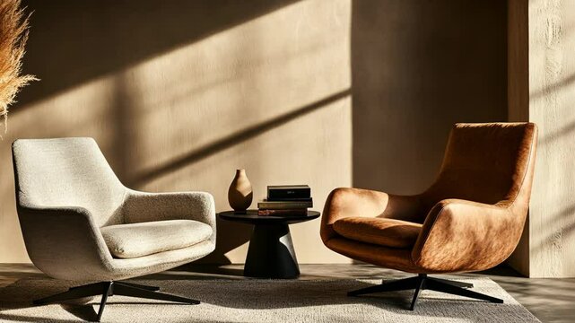 Elegant Interior Design: Two Modern Swivel Armchairs in a Calm Setting