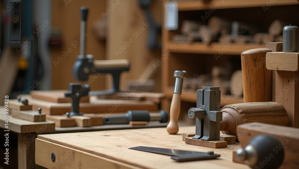 Poster precision-engineered carpentry tools in a professional workshop: showcase of woodworking instruments