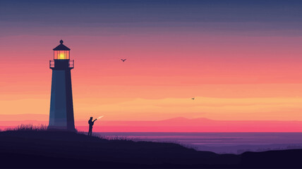 This digital illustration shows a stylized silhouette of a lone figure holding a firework stick, standing next to a lighthouse with a colorful sunset in the background.