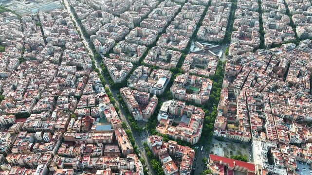 Aerial photo of Eixample neighborhood's perfect grid and modernist blocks