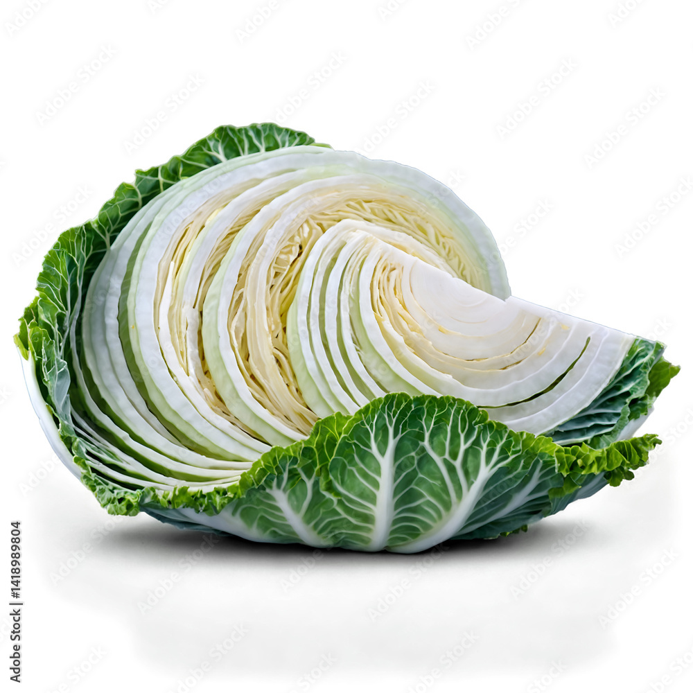 Poster striking visual of a sliced cabbage head revealing intricate layers and textures on a neutral settin