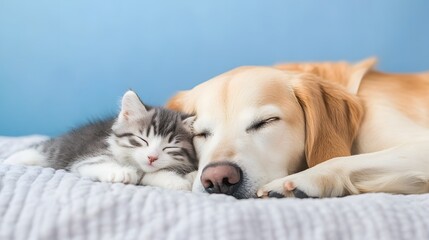 Peaceful Moment of Cuddling Canine and Feline Companions on Soft Bedding