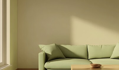 Soft sunlight illuminates a pale green sofa against a muted yellow wall in a minimalist living room
