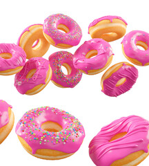 Donuts with pink fruit glaze, sprinkles, white drizzle, and dots isolated on white transparent background. 3d rendering and illustration of dessert variety