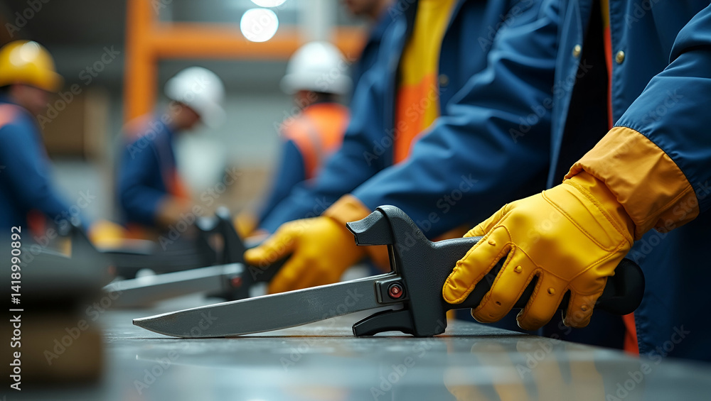 Poster essential worker gear: showcase reliable tools and efficient setups in active work environments for 