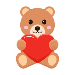 Obraz premium Cute teddy bear holding red heart.Happy smiling brown little bear cartoon element clipart for valentines, birthday or any celebration.