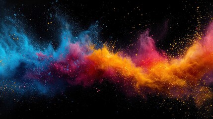 Colorful powder explosion with vibrant cyan magenta yellow and orange particles on black background