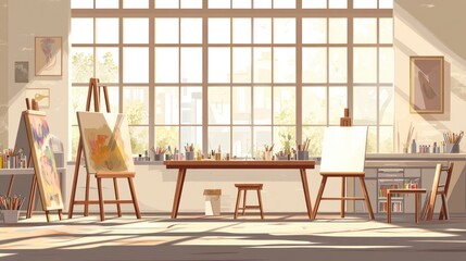 Sunny art studio interior with easels, paintings, and art supplies.