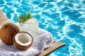 Poolside cozy chair refreshing drink Refreshing coconut drink by the poolside on a sunny day.