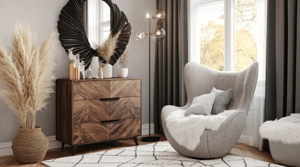 Cozy modern living room with boho accents.
