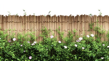 Bamboo fence with flowers, garden border, white background, nature backdrop
