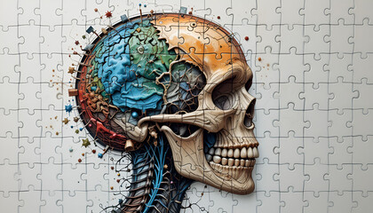 An intriguing jigsaw piece of a human skull that represents psychology, neurology, and mental health.