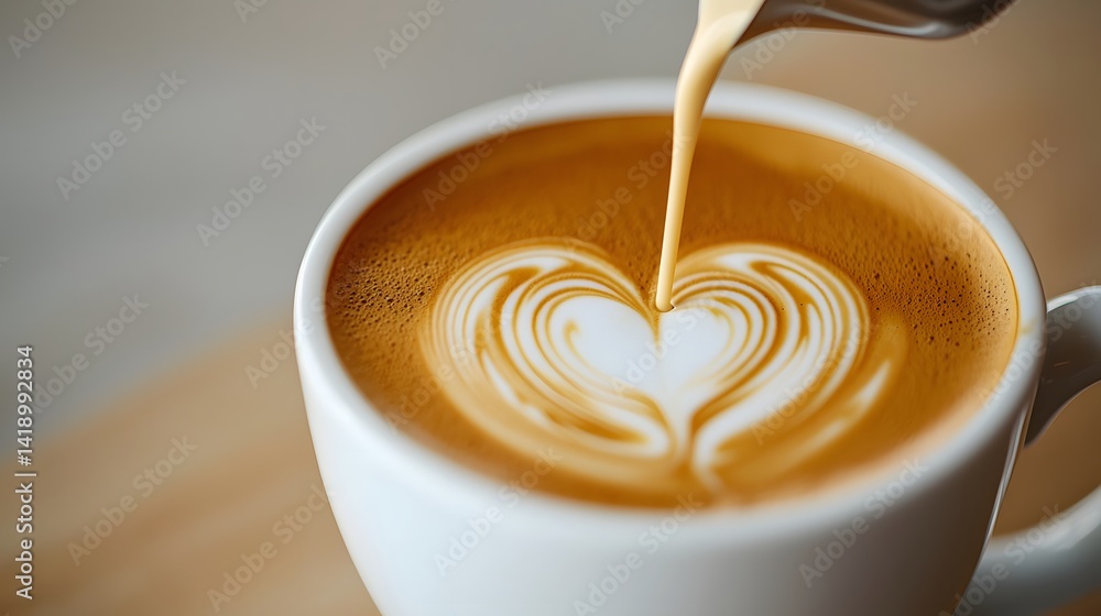 Poster shot of a symmetrical heart shaped design formed by cascading steamed milk poured into a rich aromat