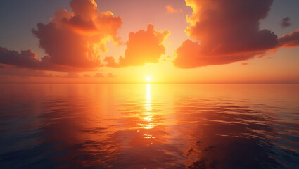 Striking ocean sunset display featuring an expansive sky illuminated by a brilliant cascade of warm tones reflecting upon calm boundless waters in  Photo Stock  Concept  and empty space on the left si