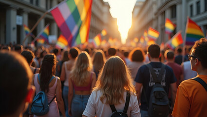 Elegant Pride Month Marching Crowd Scene: Capturing Refined Communal Energy, Vibrant Diverse Participation & Culturally Empowered Activism in Premium High-Resolution Photostock Imagery.