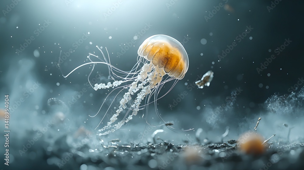 Poster ethereal and otherworldly floating jellyfish with crystal like translucent tendrils drifting in an e