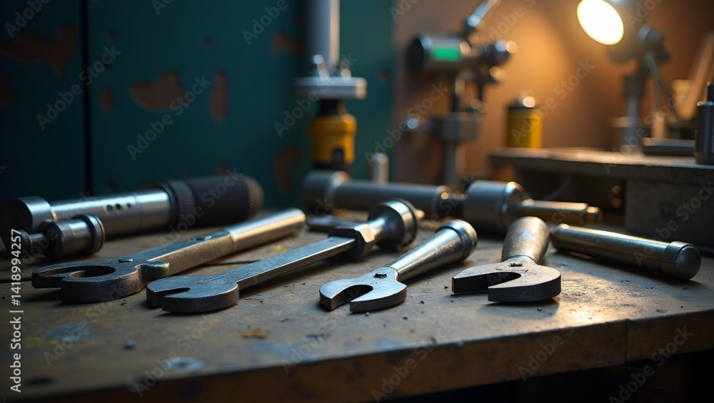 Poster precision engineering tools on a robust workbench: showcasing durable labor theme for professional t