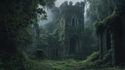 Obraz premium Enigmatic Ruins: A Forgotten Stone Castle Overgrown by Lush Greenery