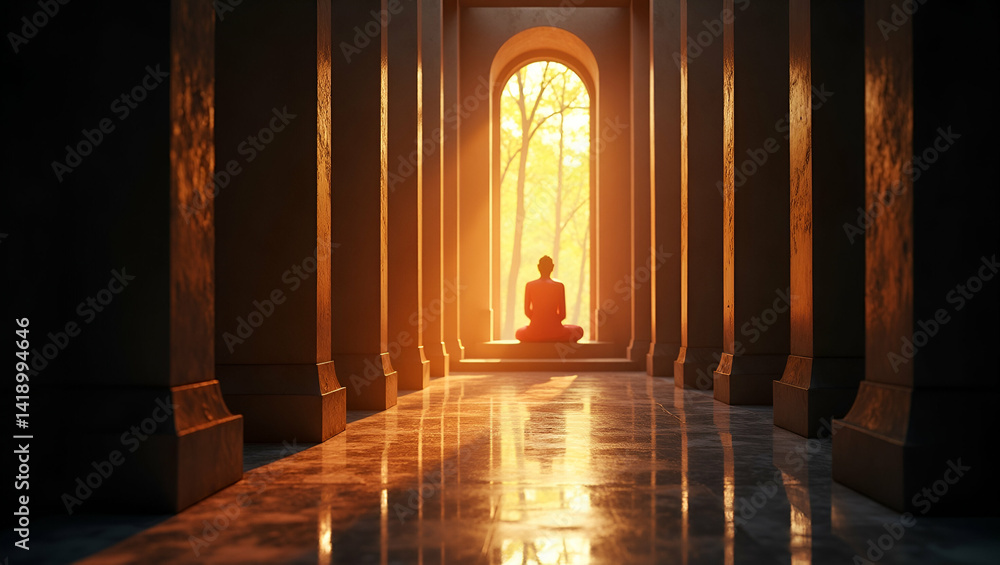 Poster buddhist light: serene luminescence from ancient temple architecture - mystic aura invoking calm ref