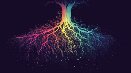 A digital illustration depicting a stylized tree root system set against a dark background. The roots are rendered in a vibrant color palette with neon-like gradient tones.