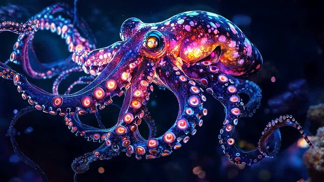 Glowing Octopus in Deep Sea; Abstract Underwater Scene