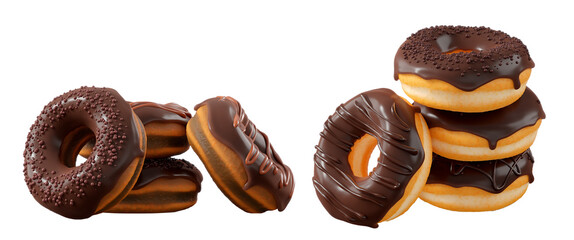 Donuts with chocolate glaze, sprinkles, white drizzle, and dots isolated on white transparent background. 3d rendering and illustration of dessert variety