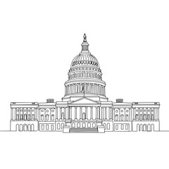 Line drawing of the United States Capitol building showcasing architectural details on a white background