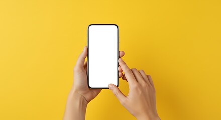 Person Using a Mobile Phone with Blank White Screen on Yellow Background
